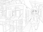  greyscale ground_vehicle guitar_case highres hirasawa_yui hood hoodie instrument_case k-on! karaage3 kyoto lineart monochrome open_mouth real_world_location running short_hair solo train train_station 