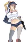  1girl aqua_eyes bag breasts grey_hair grey_legwear gun hat headphones highres large_breasts long_hair masao midriff navel off_shoulder original panties panty_peek parted_lips short_shorts shorts solo standing striped striped_panties submachine_gun thighhighs underwear weapon 