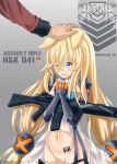  1girl absurdres animal_ears barcode_tattoo blonde_hair blue_eyes character_name chinese_commentary commentary cyborg dancing_wolf g41_(girls_frontline) girls_frontline groin gun h&amp;k_g41 hair_between_eyes heckler_&amp;_koch highres holding holding_gun holding_weapon jewelry long_hair mechanical_arm one_eye_closed panties petting ring simple_background solo_focus tattoo twintails underwear very_long_hair watermark weapon wedding_ring 