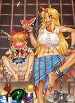  2girls abs blonde_hair cuffs eating female food fruit gourd highres horns hoshiguma_yuugi ibuki_suika jon_henry_nam long_hair multiple_girls panties pantyshot pantyshot_(sitting) red_eyes see-through sitting tan tanline touhou underwear watermelon 