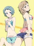  ass bikini brown_eyes brown_hair green_eyes green_hair groin hands_clasped hayyan highres interlocked_fingers jpeg_artifacts lowleg multiple_girls navel own_hands_together panties_under_shorts persona persona_3 pulled_by_self short_hair shorts shorts_pull swimsuit takeba_yukari tankini yamagishi_fuuka yellow_background 