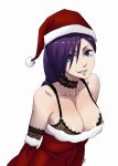  1girl blue_eyes breasts choker christmas cleavage elbow_gloves gloves hat purple_hair santa_hat solo zone-tan zzf111 