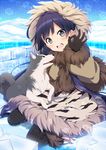  bad_id bad_pixiv_id blue_hair blush brown_eyes cloud coat day fur_trim igloo long_hair ok_sign original parka sama sitting sky smile snow snow_shelter snowflakes solo wariza wolf 