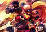  android arm_cannon asaki_(asakimon) back-to-back blonde_hair blue_eyes energy_sword helmet long_hair multiple_boys ponytail rockman rockman_x sword very_long_hair weapon x_(rockman) zero_(rockman) 