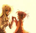  ^_^ bad_id bad_pixiv_id bangs blonde_hair breasts brown_hair closed_eyes eyebrows_visible_through_hair eyelashes fate_testarossa hair_ribbon happy long_hair long_sleeves looking_at_another lyrical_nanoha mahou_shoujo_lyrical_nanoha mahou_shoujo_lyrical_nanoha_strikers multiple_girls pinky_swear profile red_eyes ribbon short_twintails simple_background smile takamachi_nanoha time_paradox twintails upper_body yellow_background yuuyu_(777) 
