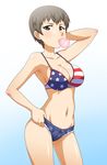  american_flag american_flag_bikini armpits bikini bikini_top blush breasts brown_eyes brown_hair bubble_blowing chewing_gum cutoffs denim denim_shorts flag_print freckles girls_und_panzer goriate highres large_breasts naomi_(girls_und_panzer) navel o-ring o-ring_top shiny shiny_skin short_hair short_shorts shorts solo strap_gap swimsuit very_short_hair 