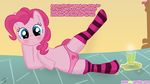  blush camel_toe cutie_mark earth_pony english_text equine female feral friendship_is_magic fur hair horse looking_at_viewer lying mammal my_little_pony on_side panties peeing pink_fur pink_hair pinkie_pie_(mlp) pony pussy solo text underwear urine watersports 