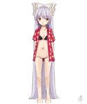  bikini black_bikini breasts fujiwara_no_mokou groin hair_ribbon long_hair miyo_(ranthath) navel red_eyes ribbon silver_hair small_breasts solo swimsuit touhou very_long_hair 