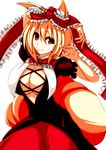  animal_ears blonde_hair blush bow breasts cleavage cosplay fox_ears fox_tail frills hair_bow hair_ribbon kagiyama_hina kagiyama_hina_(cosplay) large_breasts merry_(diameri) multiple_tails puffy_short_sleeves puffy_sleeves red_eyes ribbon short_hair short_sleeves skirt smile solo tail touhou yakumo_ran 