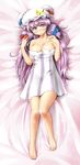  bad_id bad_pixiv_id bare_shoulders barefoot bed_sheet breasts cleavage crescent dress excel_(shena) hair_ribbon hat large_breasts long_hair on_bed patchouli_knowledge purple_eyes purple_hair ribbon solo touhou 