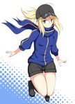  ahoge artoria_pendragon_(all) baseball_cap blonde_hair blue_scarf blush fate/stay_night fate_(series) green_eyes hat highres jacket mysterious_heroine_x ponytail rojiura_satsuki:_chapter_heroine_sanctuary scarf shorts solo syou_(crecre) thighs track_jacket 
