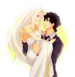  1girl amakura_(am_as) black_eyes black_hair carrying couple emiya_kiritsugu fate/zero fate_(series) hetero husband_and_wife irisviel_von_einzbern long_hair princess_carry red_eyes short_hair smile white_hair 