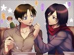  2boys amakura_(am_as) black_hair blue_eyes brown_hair eren_yeager food food_on_face jean_kirchstein jitome mikasa_ackerman multiple_boys protected_link shingeki_no_kyojin short_hair siblings spoon translated 