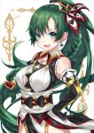  1girl :d aqua_eyes armpits bangs bare_shoulders black_gloves braid breasts club_(shape) commentary_request cowboy_shot detached_collar earrings elbow_gloves fire_emblem fire_emblem:_rekka_no_ken fire_emblem_heroes fleur_de_lis floating_hair gloves green_hair hair_ornament hand_on_hip heart heart_hair_ornament high_ponytail highres jewelry long_hair looking_at_viewer lyndis_(fire_emblem) medium_breasts nintendo obi open_mouth pelvic_curtain ponytail ringozaka_mariko sash side_slit sidelocks signature sleeveless smile solo standing v-shaped_eyebrows very_long_hair white_background 