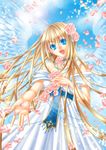  blonde_hair blue_eyes collar day dress flower hair_flower hair_ornament happy highres long_hair natsumoto original rose sky solo wings 