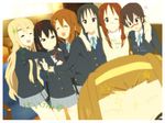  6+girls :d :o akiyama_mio arm_around_neck bandaid black_eyes black_hair blazer blonde_hair brown_eyes brown_hair eyes_closed flower forehead glasses hair_ornament hairband hairclip highres hirasawa_yui hug k-on! kotobuki_tsumugi long_hair manabe_nodoka multiple_girls nakano_azusa open_mouth ore_deshita ribbon school_uniform short_hair smile tainaka_ritsu twintails v vulcan_salute yamanaka_sawako 