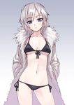  anastasia_(idolmaster) bad_id bad_pixiv_id bikini black_bikini blue_eyes breasts coat collarbone front-tie_top fur_trim idolmaster idolmaster_cinderella_girls looking_at_viewer matsuryuu medium_breasts navel short_hair side-tie_bikini silver_hair solo swimsuit 