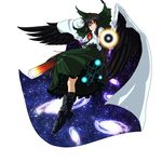  arm_cannon belt bird_wings black_hair black_wings bow cape energy_ball galaxy hair_bow highres long_hair looking_at_viewer m134 red_eyes reiuji_utsuho shirt skirt smile solo space third_eye touhou very_long_hair weapon wings 