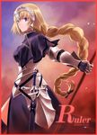  armor armored_dress blonde_hair border braid breasts capelet chain character_name fate/apocrypha fate_(series) faulds gauntlets headpiece jeanne_d'arc_(fate) jeanne_d'arc_(fate)_(all) long_hair medium_breasts red_border sheath sheathed shirotsumekusa single_braid solo sparks staff sword weapon 