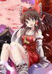  :d ascot brown_hair cherry_blossoms detached_sleeves givuchoko hair_tubes hakurei_reimu highres looking_at_viewer md5_mismatch open_mouth skirt sky smile socks solo touhou 