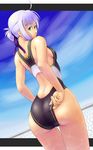  adjusting_clothes adjusting_swimsuit ass competition_swimsuit from_behind green_eyes hair_bun headband highres hokkyoku lavender_hair looking_back one-piece_swimsuit original short_hair swimsuit 