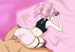  1girl anya_alstreim ass back bare_shoulders bed bent_over buttjob censored code_geass flat_chest highres hiza_raida huge_ass long_hair looking_back nude panties penis pink_hair sitting spread_legs sweat twintails underwear 