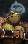  abs amphibian angry anthro battletoads biceps bossquibble brown_eyes brown_skin clenched_teeth flexing looking_at_viewer male muscles pecs pimple pimple_(battletoads) pose rain scales solo standing teeth toad toned topless vein wristband 