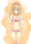  aiba_kou alice_margatroid blonde_hair blue_eyes blush bow bra breasts cleavage hairband heart medium_breasts navel open_mouth panties short_hair solo touhou underwear underwear_only 