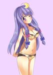  aiba_kou arms_behind_back blush bow bra breasts cleavage crescent crescent_hair_ornament hair_bow hair_ornament long_hair medium_breasts navel one_eye_closed panties patchouli_knowledge purple_background purple_eyes purple_hair simple_background sketch solo touhou underwear underwear_only 