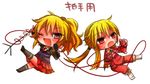  1girl androgynous azuki_(lizzy) black_legwear blonde_hair boots cable chibi cravat fang formal kneehighs microphone microphone_stand necktie one_eye_closed open_mouth ponytail purple_eyes red_eyes siblings translated umineko_no_naku_koro_ni ushiromiya_jessica ushiromiya_lion 