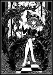  acryl checkered checkered_floor crossed_legs dress elbow_gloves gloves greyscale hat looking_at_viewer monochrome remilia_scarlet sitting solo touhou 