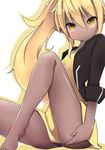  1boy barefoot blonde_hair bottomless crossdressing dark_skin dress jacket long_hair orange_eyes original pointy_ears pon_(shind_997) simple_background sitting trap very_long_hair white_background 