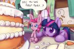  alasou blue_eyes cake carrot cutie_mark drooling duo english_text equine female feral food friendship_is_magic fur hair horn horse inside mammal multi-colored_hair my_little_pony pink_fur pink_hair pinkie_pie_(mlp) pony purple_eyes saliva text transformation twilight_sparkle_(mlp) winged_unicorn wings 