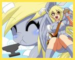  amber_eyes anvil bag blonde_hair blush border clothed clothing derpy_hooves_(mlp) duo envelope equine female food friendship_is_magic fur grey_fur hair hat horse human humanized letter mail mail_bag mammal messenger_bag muffin my_little_pony ninja-8004 open_mouth pegasus pony shirt shorts square_crossover wings yellow_eyes 