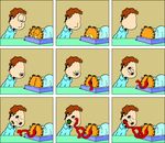  brown_background brown_hair cat clothing comic eyes_closed feline garfield garfield_(series) hair human inside jon_arbuckle licking long_tongue lying male mammal nightmare_fuel no_face on_stomach orange_body plain_background shirt short_hair standing surreal tongue tongue_out unknown_artist what zalgo 