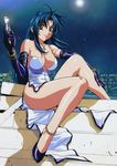  absurdres anklet bare_shoulders blue_hair bracelet breasts brown_eyes chidori_kaname city cross derivative_work elbow_gloves full_metal_panic! gloves gun high_heels highres jewelry large_breasts legs long_hair long_legs shoes sitting smile solo stairs strap_slip third-party_edit weapon 