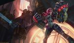  banned_artist belt blue_eyes collar earrings gauntlets goggles highres jewelry league_of_legends leg_armor nose_piercing official_art paul_kwon piercing pink_hair shoulder_pads vi_(league_of_legends) 