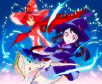  brown_hair cape dated dress fireworks hat kagari_atsuko little_witch_academia looking_at_viewer multiple_girls open_mouth pink_eyes red_eyes red_hair shiny_chariot shiny_rod signature smile staff witch witch_hat yoisho_(hami) 