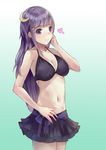  bad_id bad_pixiv_id bikini bikini_skirt black_bikini boqboq crescent crescent_hair_ornament hair_ornament heart highres long_hair navel patchouli_knowledge purple_eyes purple_hair smile solo swimsuit touhou 