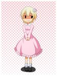  aki_shizuha alternate_color alternate_costume blonde_hair cato_(monocatienus) dress flower hair_ornament hairpin halftone halftone_background highres nervous pink_dress shaded_face short_hair solo sweat touhou v_arms 
