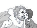  beard facial_hair fate/zero fate_(series) greyscale height_difference male_focus monochrome mouth_hold multiple_boys nobita rider_(fate/zero) short_hair sweatdrop tears waver_velvet yaoi 