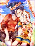  bad_id bad_pixiv_id belt blue_eyes blue_hair blush brown_hair closed_eyes cloud flower hisate inazuma_eleven_(series) inazuma_eleven_go male_focus matsukaze_tenma multiple_boys one_eye_closed raimong sitting sky soccer_uniform sportswear tsurugi_kyousuke 