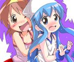  blue_eyes blue_hair breast_grab brown_eyes brown_hair casual grabbing hairband hat ikamusume long_hair multiple_girls nagatsuki_sanae shinryaku!_ikamusume short_hair surprised_arms t2 tentacle_hair yuri 