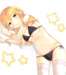  1girl bad_id bad_pixiv_id bikini black_bikini blonde_hair long_hair looking_at_viewer lying on_side shiramori_sawa shokuhou_misaki side-tie_bikini smile solo star swimsuit thighhighs to_aru_kagaku_no_railgun to_aru_majutsu_no_index white_background white_legwear yellow_eyes 