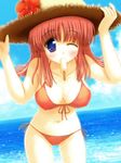  aoi_akua bikini blue_eyes flower food hat hibiscus long_hair milfa mouth_hold ocean one_eye_closed popsicle red_hair smile solo straw_hat swimsuit to_heart_2 to_heart_2_ad water 