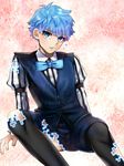  blue_eyes blue_hair bow bowtie fate/extra fate/extra_ccc fate_(series) hans_christian_andersen_(fate) legwear_under_shorts male_focus mitsuki_mitsuno pantyhose secret_garden_(fate/extra_ccc) shorts solo torn_clothes vest 