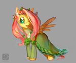  cyan_eyes dress equine erinliona female feral flower fluttershy_(mlp) friendship_is_magic fur hair hair_over_eye horse long_hair looking_at_viewer mammal my_little_pony open_mouth pegasus pink_hair plain_background pony smile solo tongue wings yellow_fur 