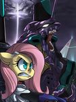  armor clenched_teeth crossover cyan_eyes equine female fluttershy_(mlp) friendship_is_magic fur glowing_eyes hair horse lighting long_hair mammal my_little_pony neon_genesis_evangelion open_mouth outside parody pink_hair pony sky storm teeth uc77 yellow_fur 