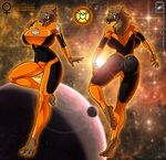  agent_orange back_turned big_breasts bodysuit breasts claws dc_comics female hi_res larfleeze looking_at_viewer looking_back muscles orange_bodysuit skinsuit solo space standing toe_claws walter_sache 