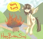  2012 brown_eyes brown_hair cutie_mark equine female fire flying friendship_is_magic grass hair horse looking_at_viewer my_little_pony outside parody pegasus pony sign solo sorenbrian the_simpsons tires wild_fire_(mlp) wings 